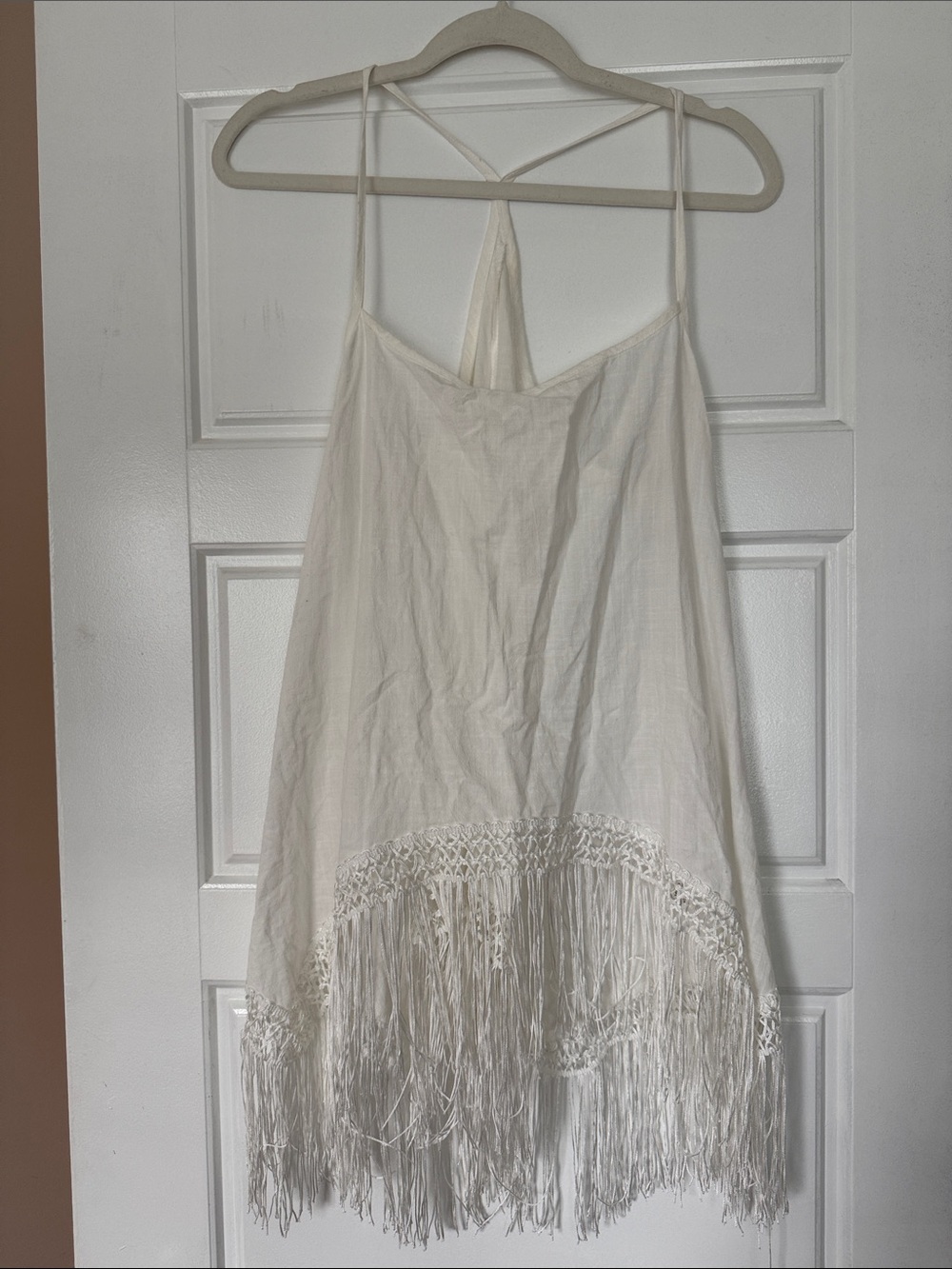 Boho Fringe Cotton Slip Dress in Ivory